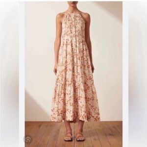 Shona Joy Dress Flor Pink Tuck Tuxedo Midi Button Down Linen in Orange Floral